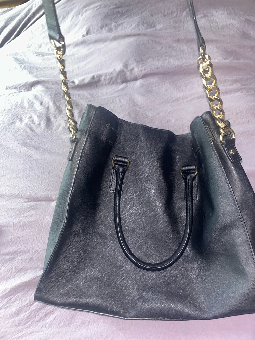 Michael Kors Black Leather Tote with Gold Accents